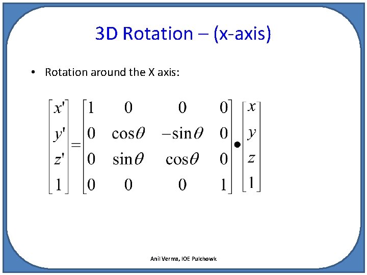 3 D Rotation – (x-axis) • Rotation around the X axis: Anil Verma, IOE