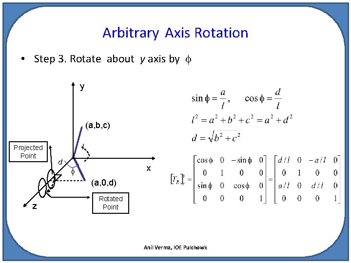 Arbitrary Axis Rotation • Step 3. Rotate about y axis by y (a, b,