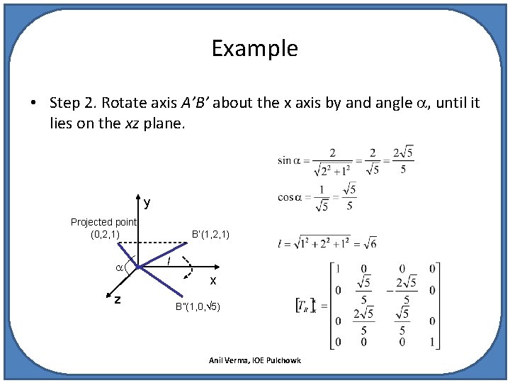 Example • Step 2. Rotate axis A’B’ about the x axis by and angle