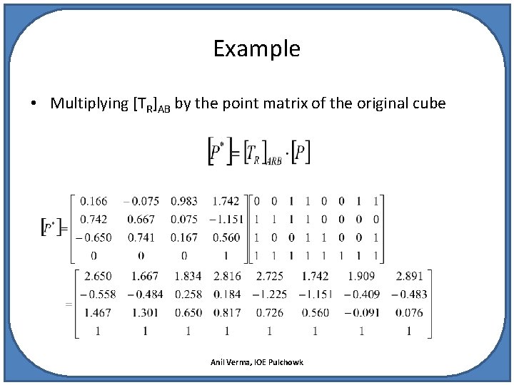 Example • Multiplying [TR]AB by the point matrix of the original cube Anil Verma,