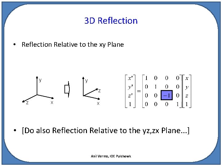 3 D Reflection • Reflection Relative to the xy Plane y y z z