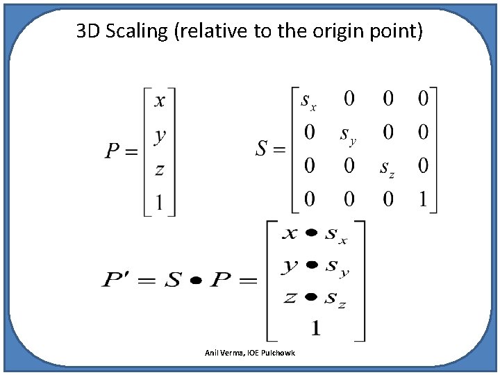 3 D Scaling (relative to the origin point) Anil Verma, IOE Pulchowk 