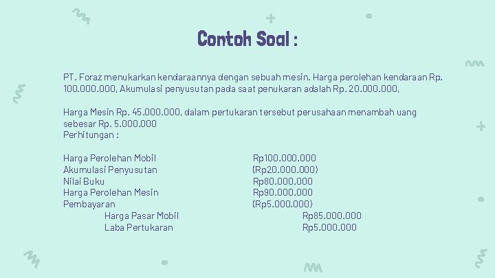 Contoh Soal : PT. Foraz menukarkan kendaraannya dengan sebuah mesin. Harga perolehan kendaraan Rp.