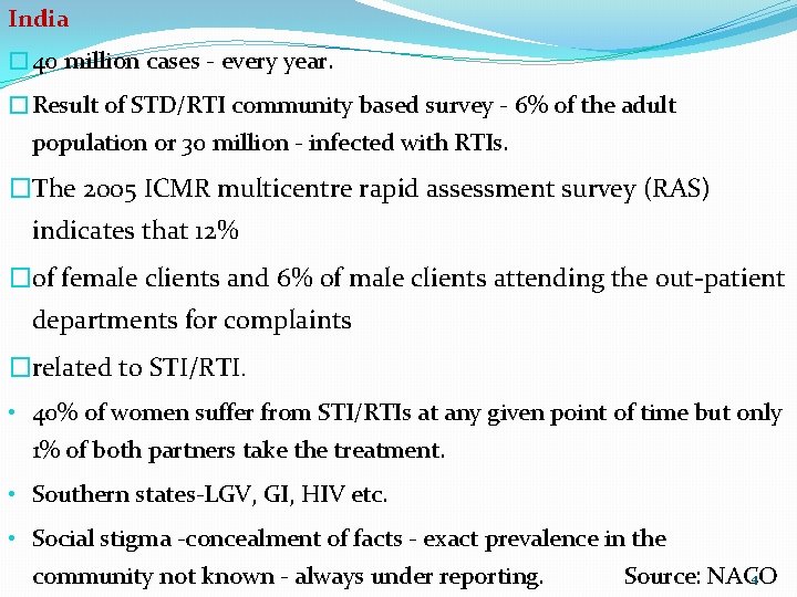 India � 40 million cases - every year. �Result of STD/RTI community based survey