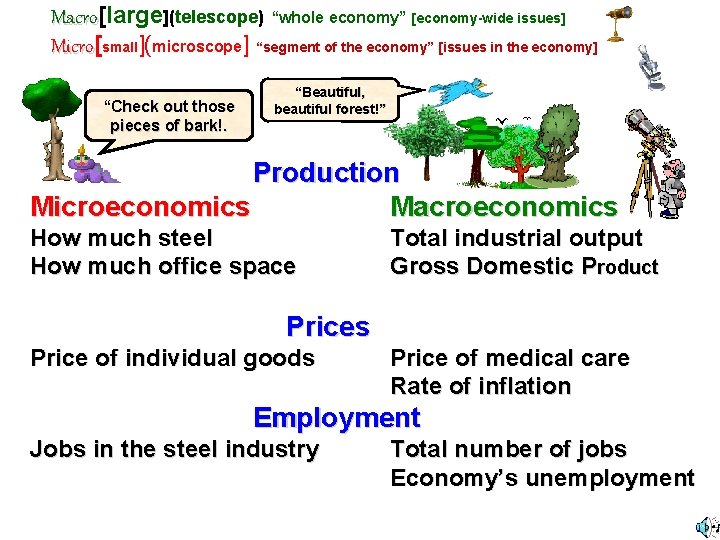 Macro[large ](telescope) “whole economy” [economy-wide issues] Macro Micro[ Micro small](microscope] “segment of the economy”