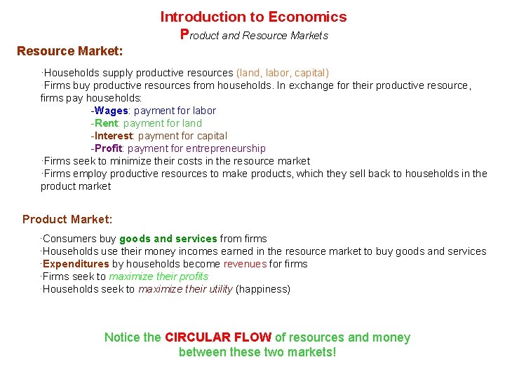Introduction to Economics Product and Resource Markets Resource Market: ·Households supply productive resources (land, Introduction to Economics Product and Resource Markets Resource Market: ·Households supply productive resources (land,