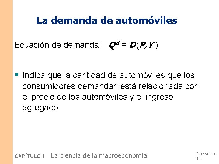 La demanda de automóviles Ecuación de demanda: Q d = D (P, Y ) La demanda de automóviles Ecuación de demanda: Q d = D (P, Y )