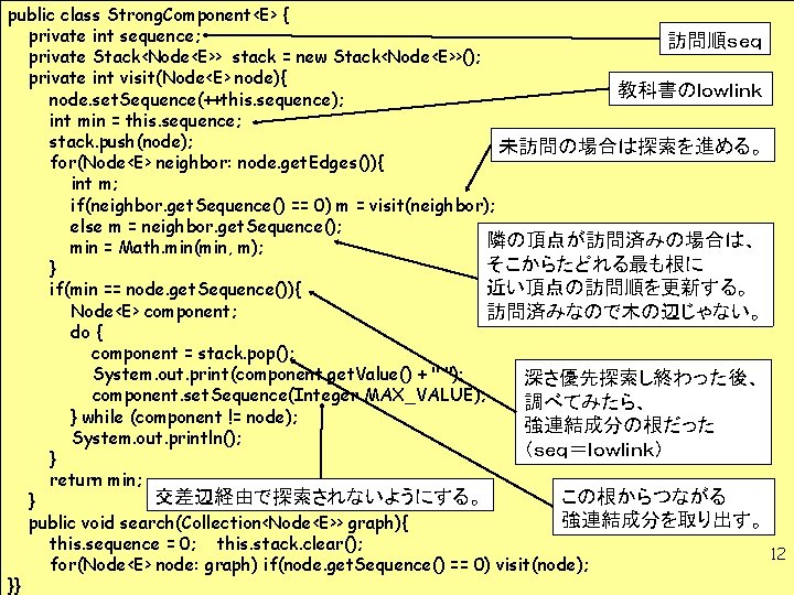 public class Strong. Component<E> { private int sequence; 訪問順ｓｅｑ private Stack<Node<E>> stack = new