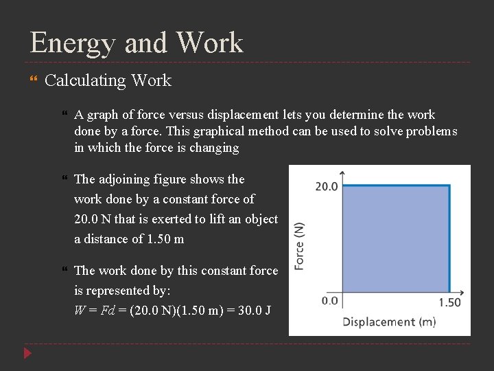 Energy and Work Calculating Work A graph of force versus displacement lets you determine