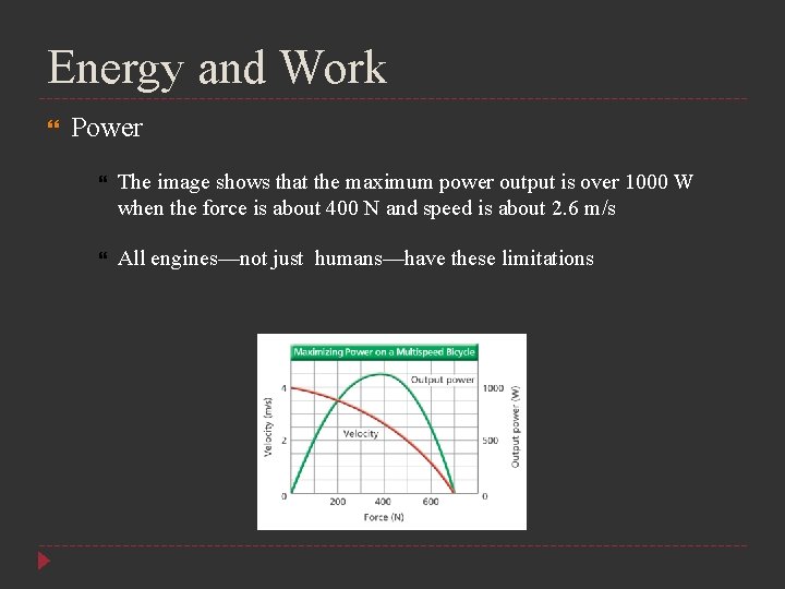 Energy and Work Power The image shows that the maximum power output is over