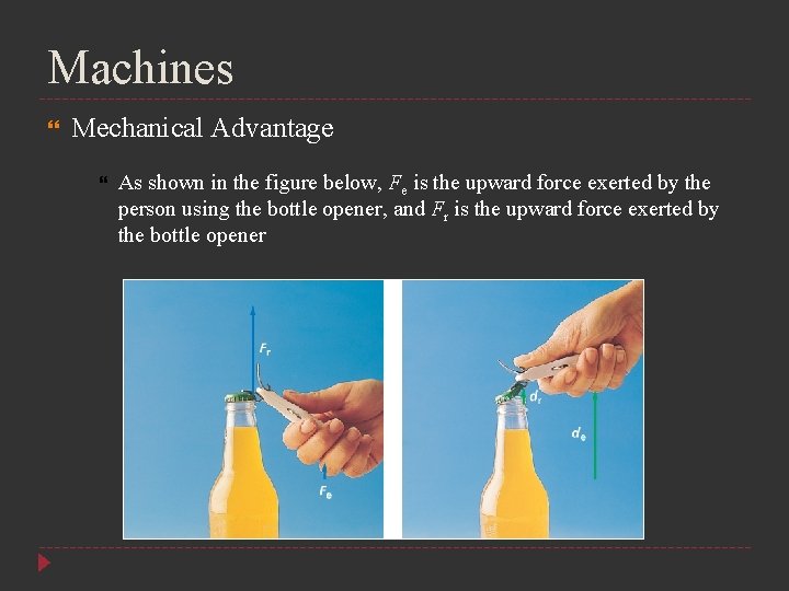 Machines Mechanical Advantage As shown in the figure below, Fe is the upward force