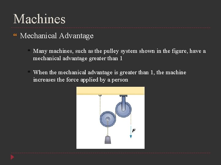 Machines Mechanical Advantage Many machines, such as the pulley system shown in the figure,