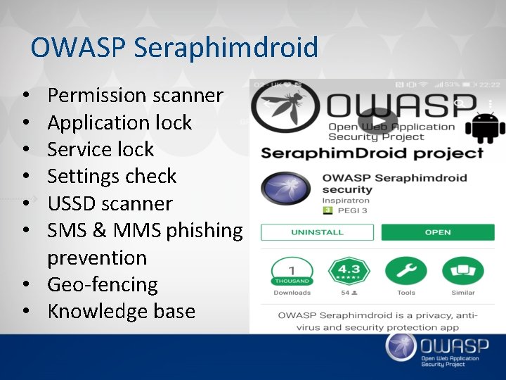 OWASP Seraphimdroid Permission scanner Application lock Service lock Settings check USSD scanner SMS & OWASP Seraphimdroid Permission scanner Application lock Service lock Settings check USSD scanner SMS &