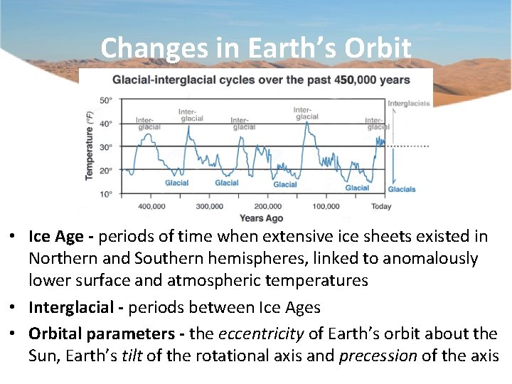 Changes in Earth’s Orbit • Ice Age - periods of time when extensive ice