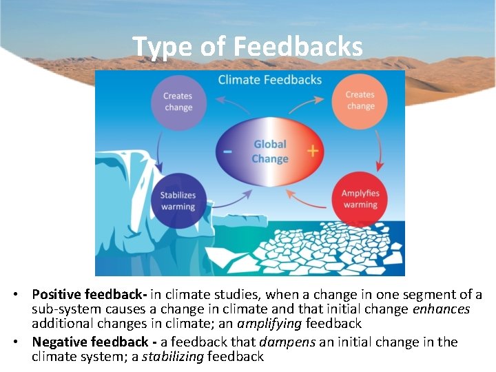Type of Feedbacks • Positive feedback- in climate studies, when a change in one