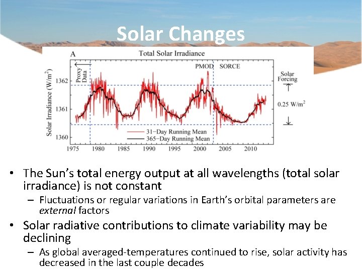 Solar Changes • The Sun’s total energy output at all wavelengths (total solar irradiance)