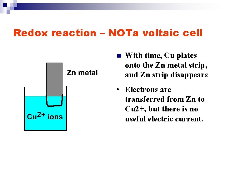 Redox reaction – NOTa voltaic cell n With time, Cu plates onto the Zn