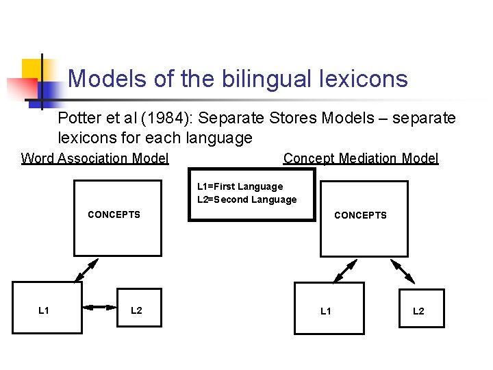 Models of the bilingual lexicons Potter et al (1984): Separate Stores Models – separate