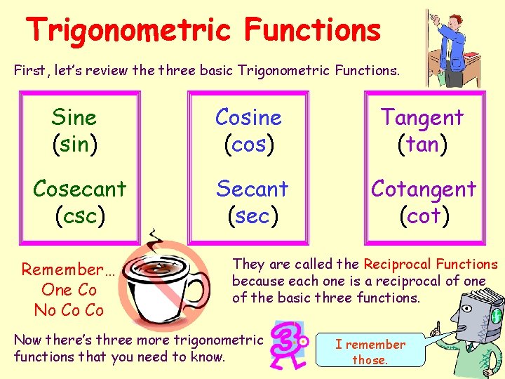 Trigonometric Functions First, let’s review the three basic Trigonometric Functions. Sine (sin) Cosine (cos)