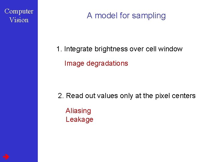 Computer Vision A model for sampling 1. Integrate brightness over cell window Image degradations