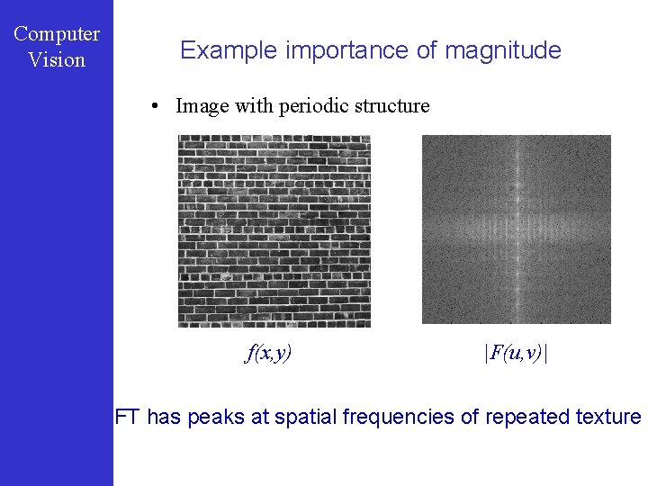 Computer Vision Example importance of magnitude • Image with periodic structure f(x, y) |F(u,