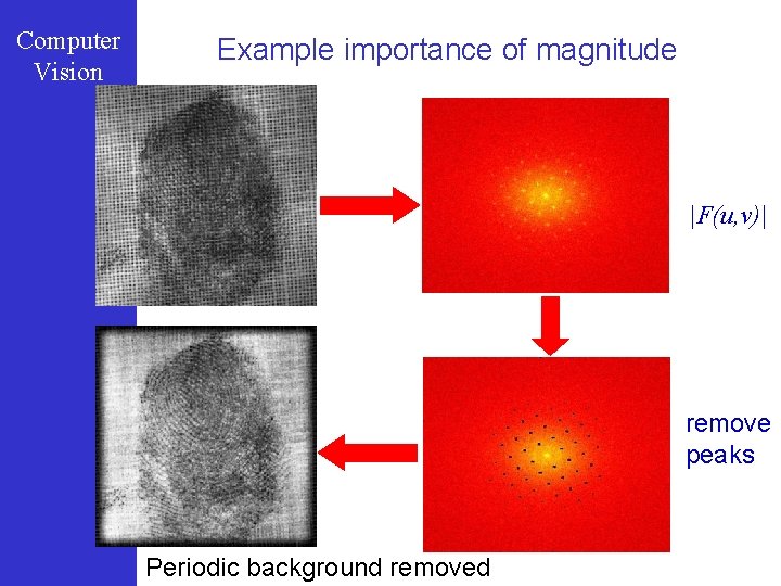 Computer Vision Example importance of magnitude |F(u, v)| remove peaks Periodic background removed 