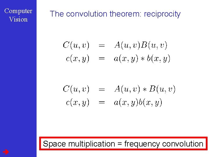 Computer Vision The convolution theorem: reciprocity Space multiplication = frequency convolution 