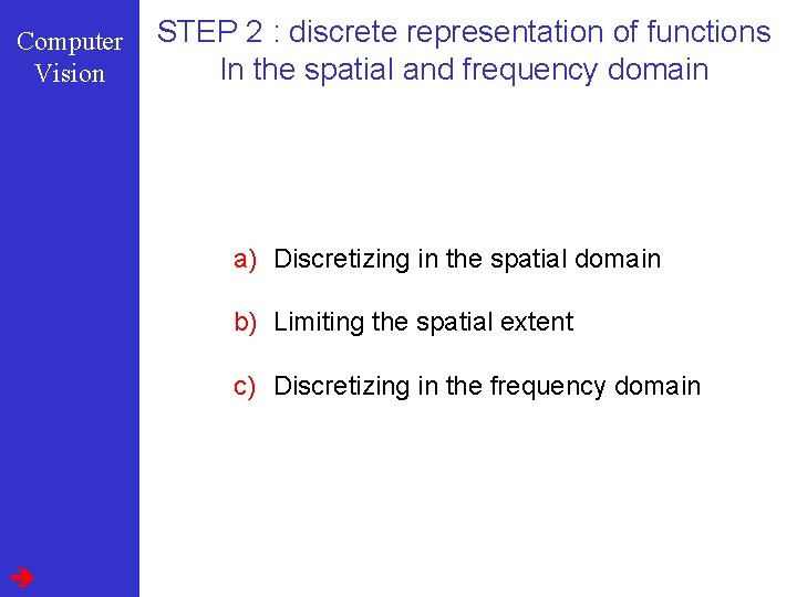 Computer Vision STEP 2 : discrete representation of functions In the spatial and frequency