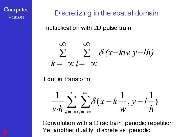 Computer Vision Discretizing in the spatial domain multiplication with 2 D pulse train Fourier