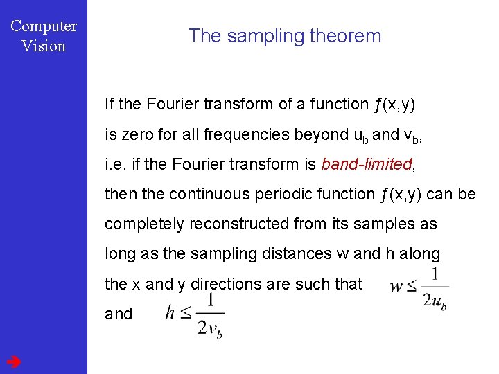 Computer Vision The sampling theorem If the Fourier transform of a function ƒ(x, y)