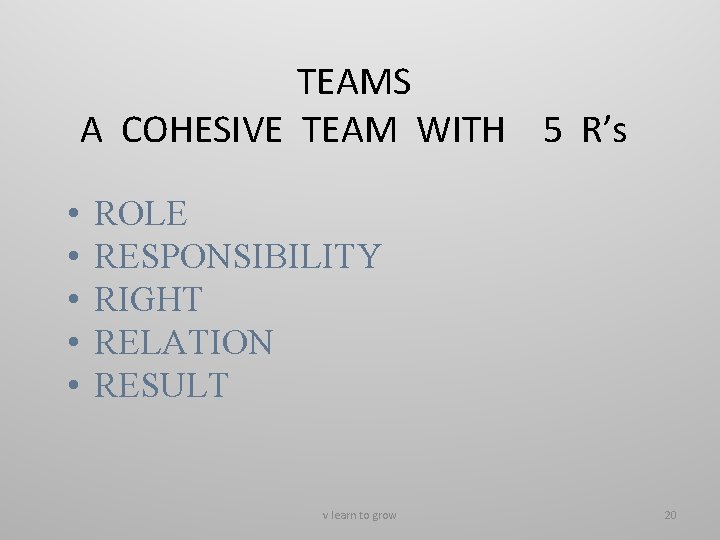 TEAMS A COHESIVE TEAM WITH 5 R’s • • • ROLE RESPONSIBILITY RIGHT RELATION