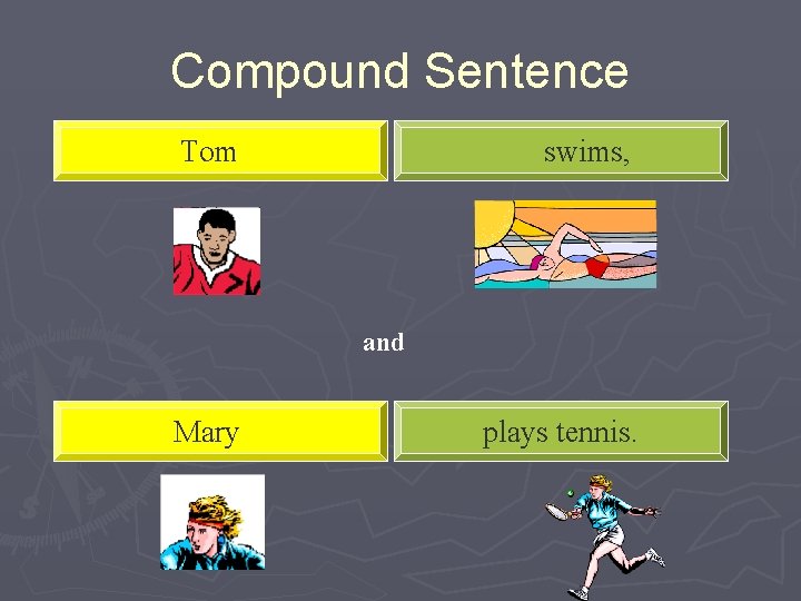 Compound Sentence Tom swims, and Mary plays tennis. 