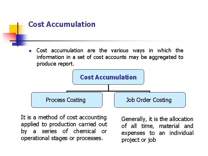 Cost Accumulation n Cost accumulation are the various ways in which the information in