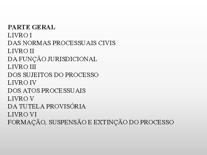 PARTE GERAL LIVRO I DAS NORMAS PROCESSUAIS CIVIS LIVRO II DA FUNÇÃO JURISDICIONAL LIVRO