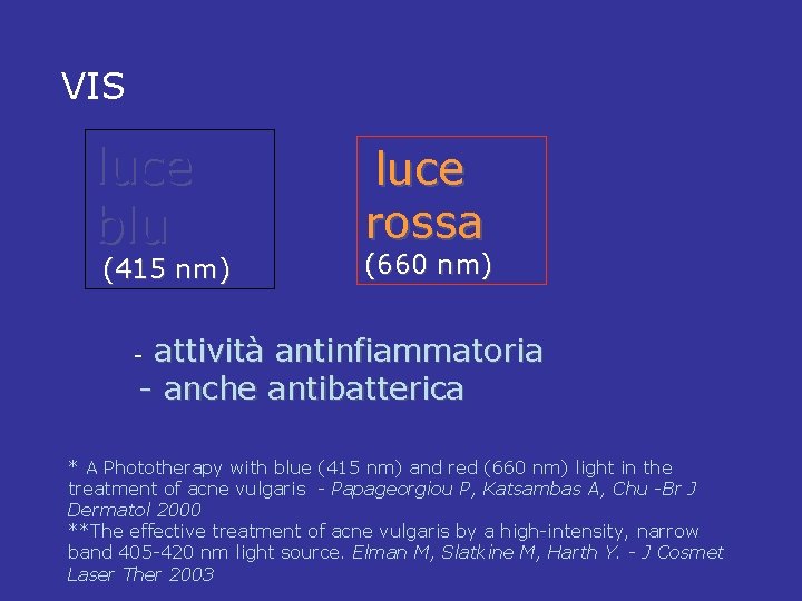 VIS luce blu (415 nm) luce rossa (660 nm) attività antinfiammatoria - anche antibatterica