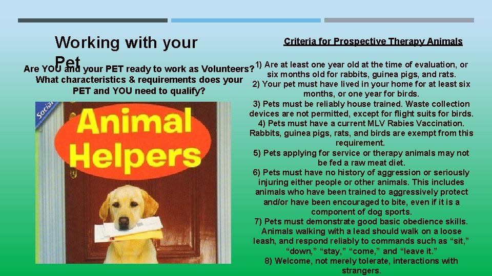 Criteria for Prospective Therapy Animals Working with your Pet Are YOU and your PET