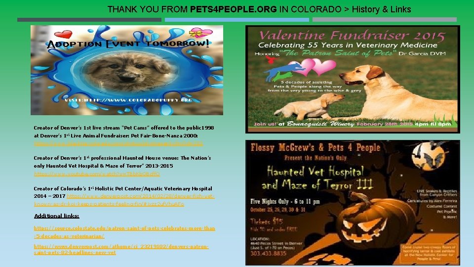 THANK YOU FROM PETS 4 PEOPLE. ORG IN COLORADO > History & Links Creator