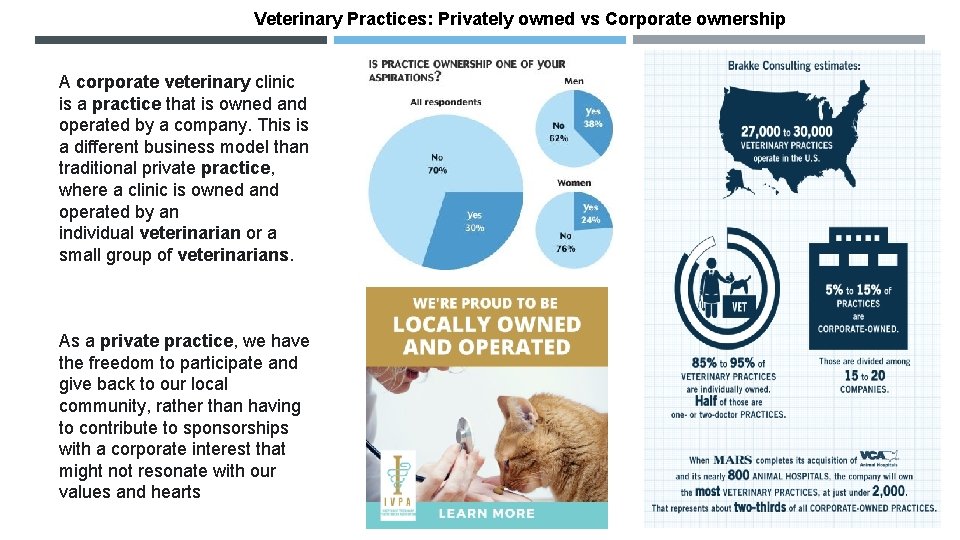 Veterinary Practices: Privately owned vs Corporate ownership A corporate veterinary clinic is a practice