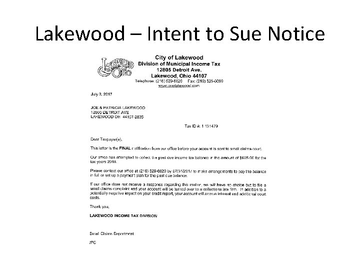 Lakewood – Intent to Sue Notice 