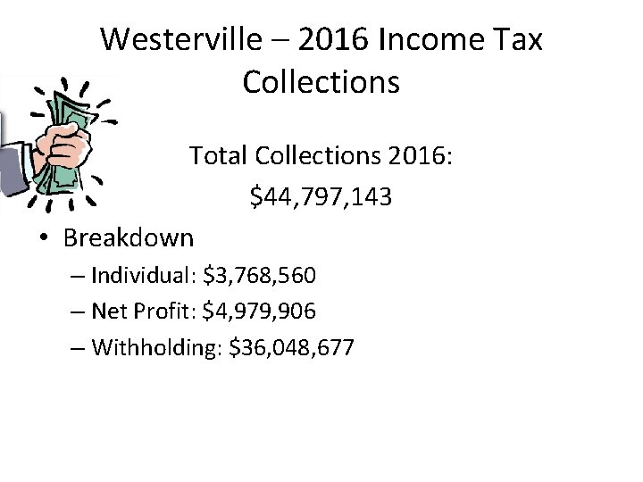 Westerville – 2016 Income Tax Collections Total Collections 2016: $44, 797, 143 • Breakdown