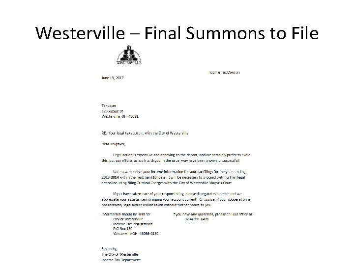 Westerville – Final Summons to File 