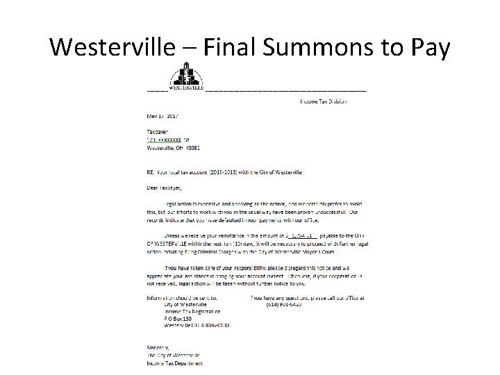 Westerville – Final Summons to Pay 