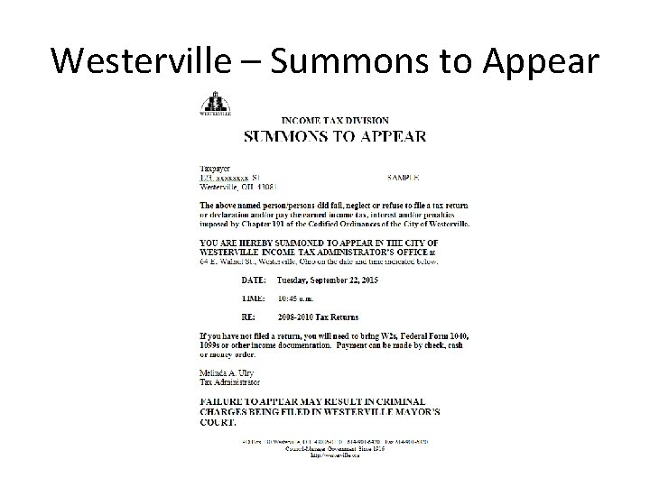 Westerville – Summons to Appear 