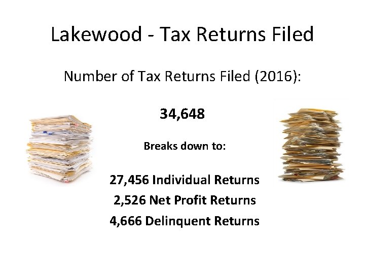 Lakewood - Tax Returns Filed Number of Tax Returns Filed (2016): 34, 648 Breaks