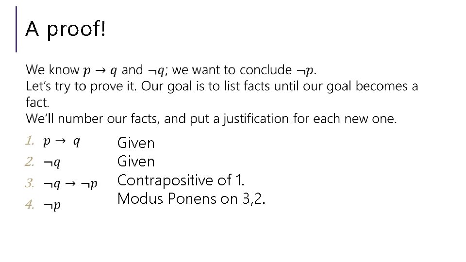 A proof! Given Contrapositive of 1. Modus Ponens on 3, 2. 