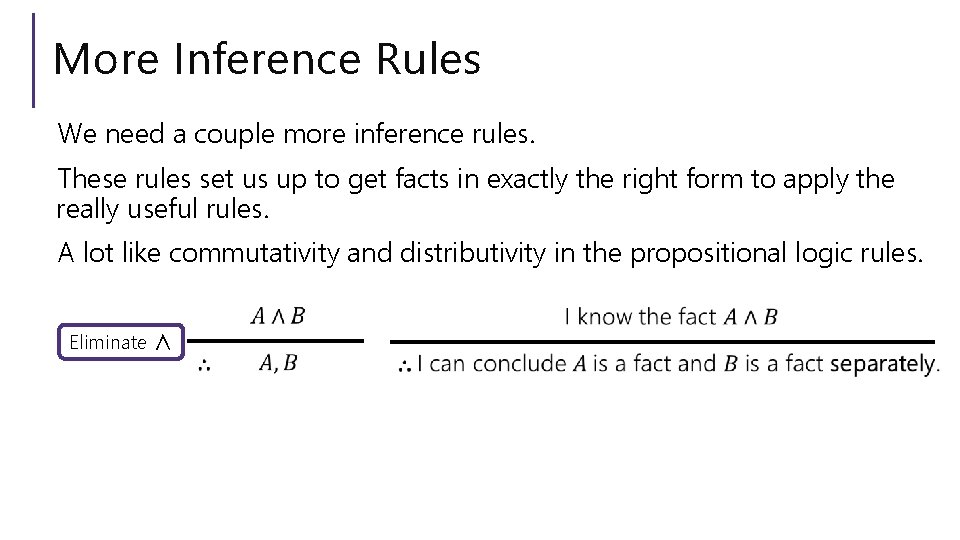 More Inference Rules We need a couple more inference rules. These rules set us