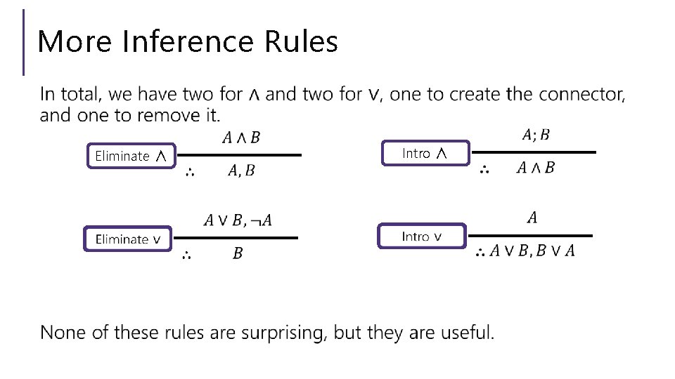 More Inference Rules Eliminate ∧ Intro ∧ 