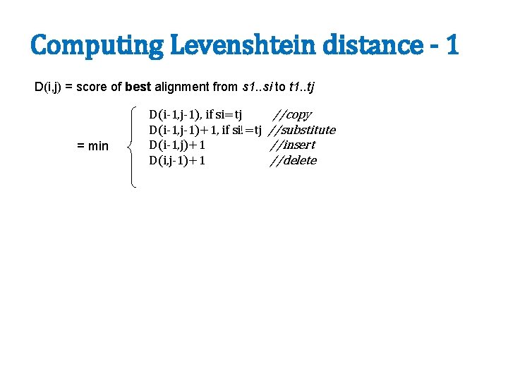 Computing Levenshtein distance - 1 D(i, j) = score of best alignment from s