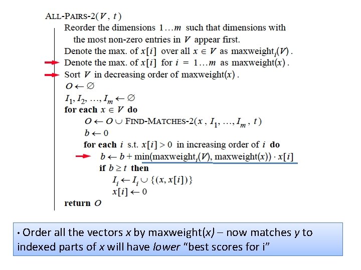  • Order all the vectors x by maxweight(x) – now matches y to