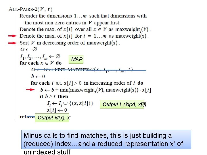 MAP Output i, (id(x), x[i]) Output id(x), x’ Minus calls to find-matches, this is